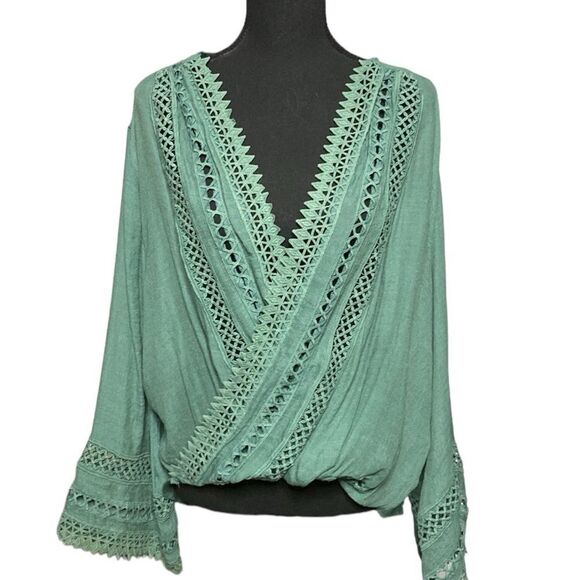 Sage Green Deep V Lace Bohemian Gauze Lace Blouse - Picture 1 of 7